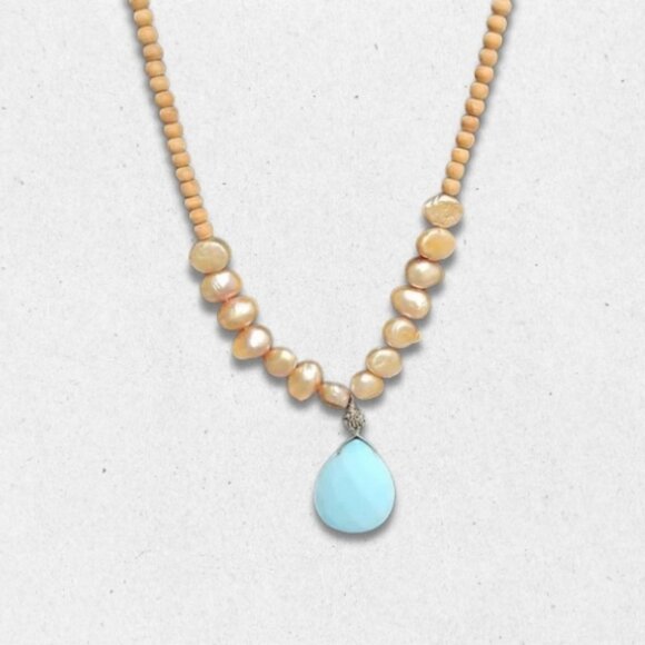 Lustrous Pearl Wood Bead Necklace Larimar Teardrop Pendant Brown/Blue Women's OS - Picture 2 of 4